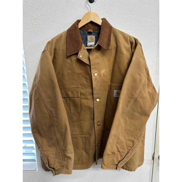 Vintage Carhartt C01 BRN Canvas Blanket Lined Chore Jacket Size 52